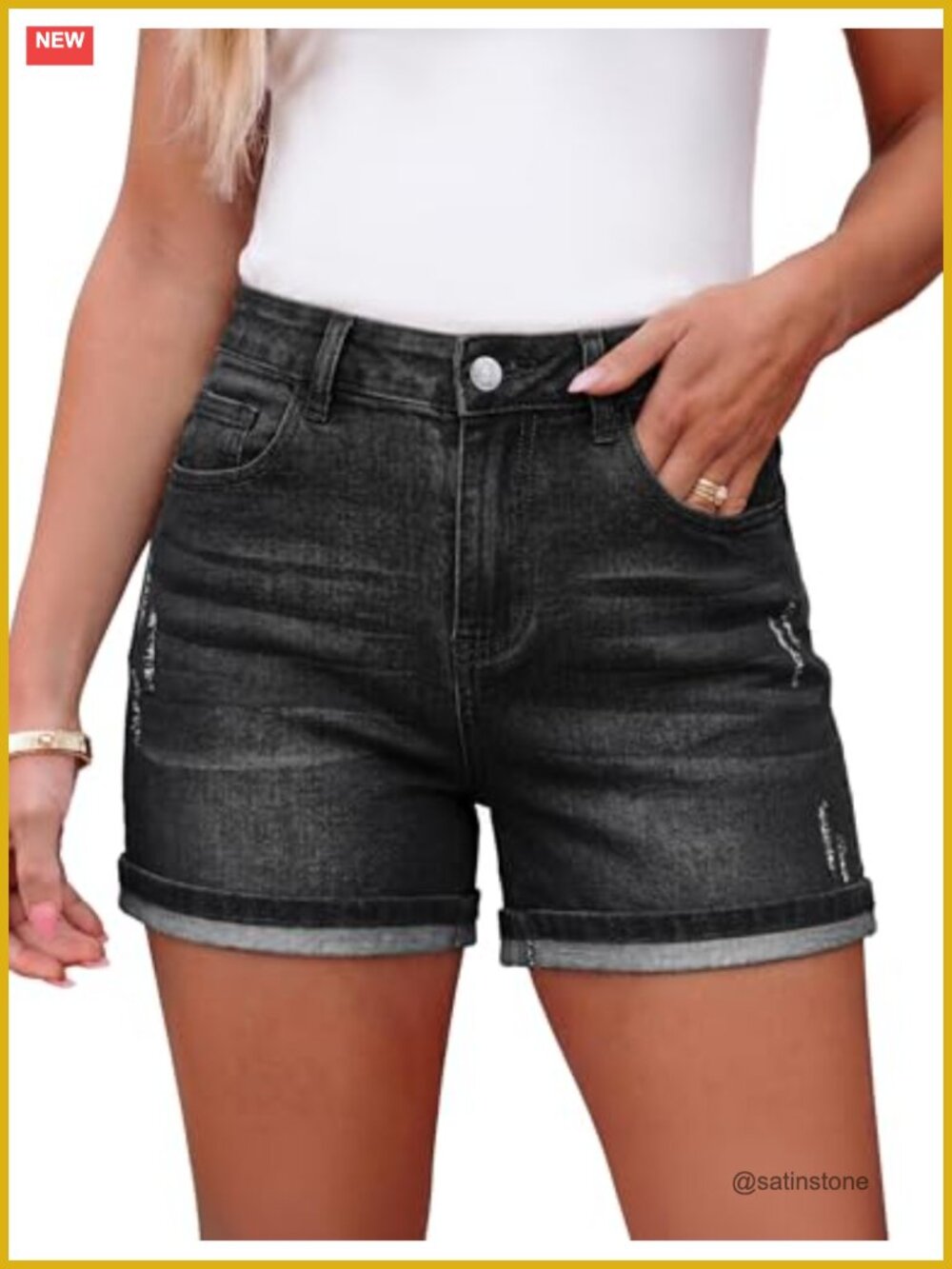 High Waisted Stretchy Denim Jean Shorts Distressed Ripped Fold Hem Casual Summer